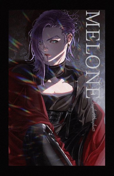 Anime picture 1101x1699 with jojo no kimyou na bouken melone hagiko single long hair tall image fringe blue eyes purple hair hair over one eye character names piercing border ear piercing cleavage cutout hair in mouth boy