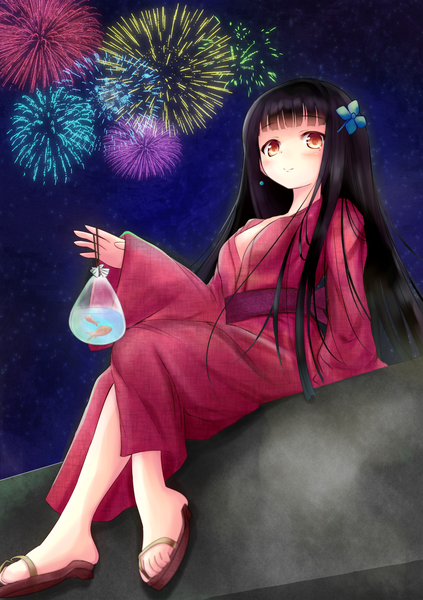 Anime picture 1748x2480 with original kirimoti34 single long hair tall image highres black hair smile red eyes japanese clothes fireworks girl belt kimono fish (fishes)