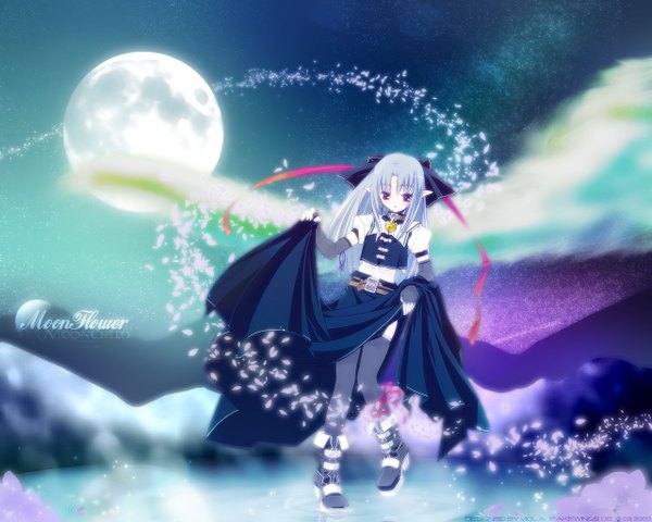 Anime picture 1280x1024 with melty blood type-moon len (tsukihime) long hair cloud (clouds) white hair pointy ears night mountain girl skirt bow ribbon (ribbons) hair bow petals boots moon bell