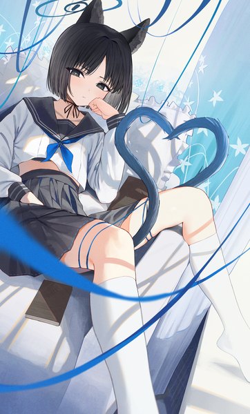 Anime picture 1960x3246 with blue archive kikyou (blue archive) hidulume single tall image looking at viewer highres short hair black hair sitting animal ears tail animal tail black eyes cat ears cat girl cat tail girl uniform socks