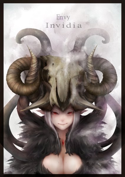 Anime picture 2480x3507 with zhang xiao bo single long hair tall image looking at viewer highres breasts red eyes cleavage white hair horn (horns) pointy ears inscription girl fur skull skull helmet