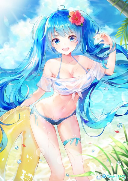 Anime picture 2913x4096 with vocaloid hatsune miku yuna (deadawon) single long hair tall image looking at viewer blush fringe highres breasts open mouth blue eyes light erotic smile standing twintails bare shoulders holding signed