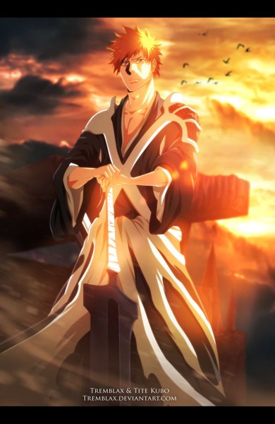 Anime picture 900x1383 with bleach studio pierrot kurosaki ichigo tremblax single tall image short hair sky cloud (clouds) traditional clothes japanese clothes sunlight orange hair orange eyes coloring evening sunset letterboxed boy weapon