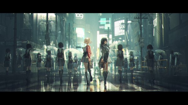 Anime picture 2560x1440 with lycoris recoil nishikigi chisato inoue takina fen bang laoda long hair looking at viewer fringe highres short hair black hair red eyes wide image purple eyes multiple girls holding full body outdoors looking back city letterboxed