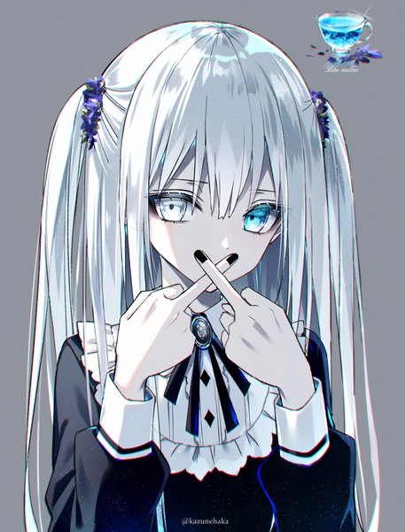 Anime picture 762x1000 with original kazunehaka single long hair tall image looking at viewer blush fringe simple background hair between eyes signed silver hair upper body long sleeves nail polish aqua eyes grey background two side up twitter username heterochromia