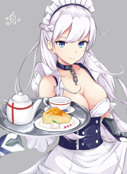 Anime picture 1101x1500 with azur lane belfast (azur lane) hoshimiya mashiro single long hair tall image looking at viewer breasts blue eyes light erotic simple background smile large breasts signed cleavage white hair grey background maid dated covered nipples