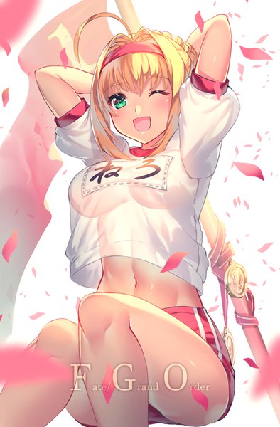 Anime picture 526x800 with fate (series) fate/grand order fate/extra nero claudius (fate) nero claudius (fate/extra) yoshimoto (dear life) single tall image blush short hair breasts open mouth light erotic blonde hair large breasts sitting green eyes ahoge :d one eye closed