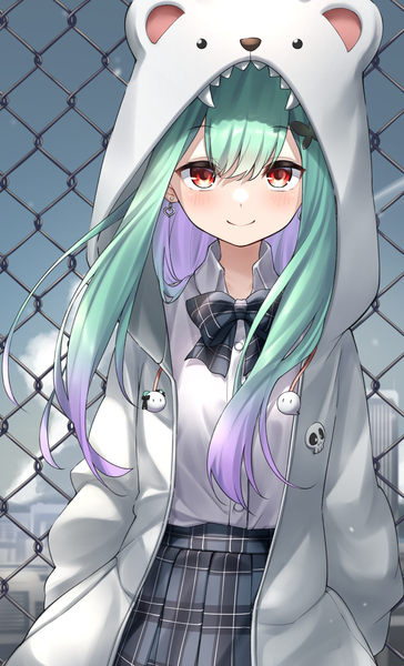 Anime picture 1740x2865 with virtual youtuber hololive uruha rushia uruha rushia (school uniform) tsurupy single long hair tall image looking at viewer fringe highres smile red eyes purple hair multicolored hair green hair official alternate costume colored inner hair animal hood girl