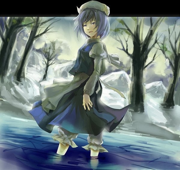 Anime picture 1061x1003 with touhou letty whiterock rifsom single short hair blue eyes blue hair border winter snow girl dress plant (plants) tree (trees) water