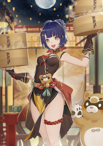 Anime picture 1447x2047 with genshin impact xiangling (genshin impact) guoba (genshin impact) marumoru single tall image short hair open mouth holding yellow eyes blue hair outdoors traditional clothes :d night sleeveless chinese clothes bandaid on leg bandaid on knee girl