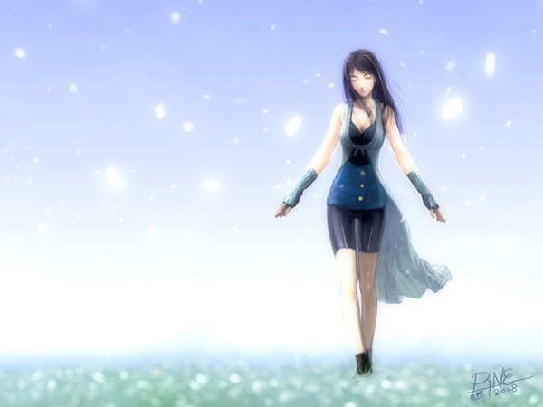 Anime picture 1600x1200 with final fantasy final fantasy viii square enix rinoa heartilly jayun single breasts black hair cleavage eyes closed wallpaper walking field gloves flower (flowers) detached sleeves petals shorts bike shorts