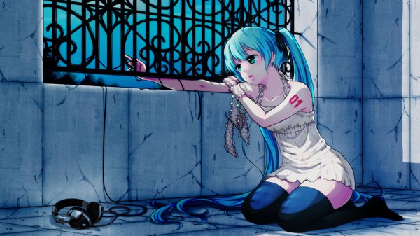 Anime picture 1920x1080 with vocaloid hatsune miku fuusha (artist) single long hair highres wide image twintails green eyes looking away aqua hair girl thighhighs black thighhighs headphones sundress