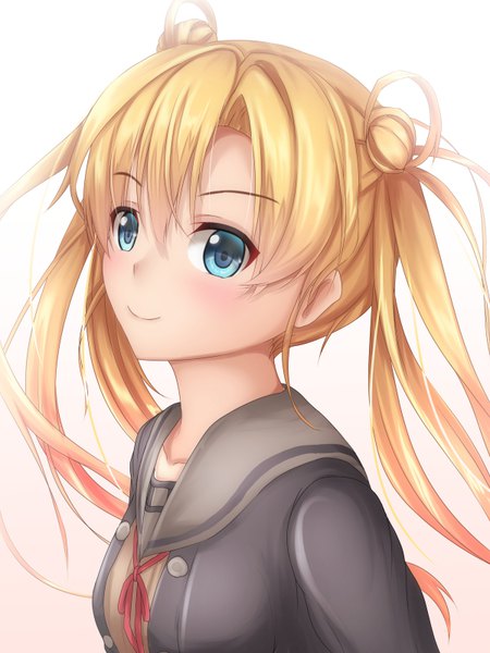 Anime picture 600x800 with kantai collection abukuma light cruiser tapisuke single long hair tall image blush blue eyes blonde hair simple background smile white background twintails looking away light smile hair bun (hair buns) girl