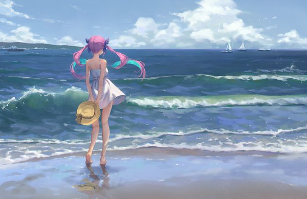 Anime picture 2400x1557 with virtual youtuber hololive minato aqua gawain (artist) single long hair highres standing twintails bare shoulders holding blue hair sky purple hair cloud (clouds) full body outdoors multicolored hair barefoot wind