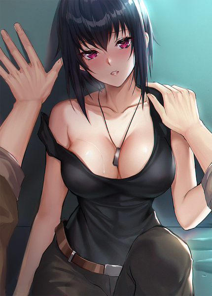 Anime picture 1000x1396 with full metal panic! gonzo melissa mao kernel killer tall image looking at viewer blush fringe short hair breasts light erotic black hair hair between eyes red eyes large breasts sitting payot parted lips head tilt strap slip