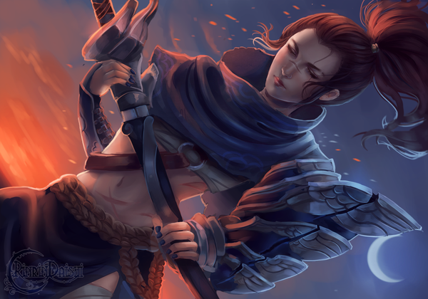 Anime picture 1024x717 with league of legends yasuo (league of legends) rinrindaishi single long hair brown hair eyes closed lips scar genderswap girl weapon sword katana clothes