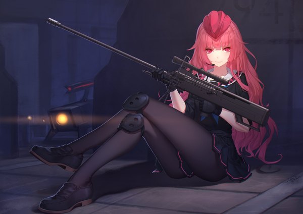 Anime picture 2105x1488 with girls frontline ntw-20 (girls frontline) daye bie qia lian single long hair looking at viewer fringe highres light erotic smile red eyes sitting holding pink hair red hair blunt bangs pleated skirt pink eyes crossed legs against wall