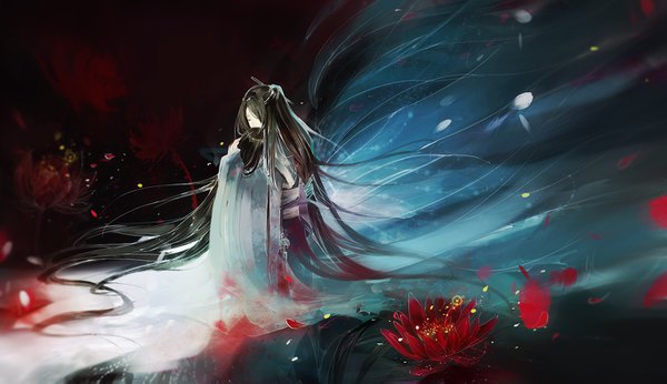 Anime picture 1366x789 with original na yan black hair wide image sitting very long hair traditional clothes wind wide sleeves couple hug dark background reclining face to face sad girl boy flower (flowers) petals lotus