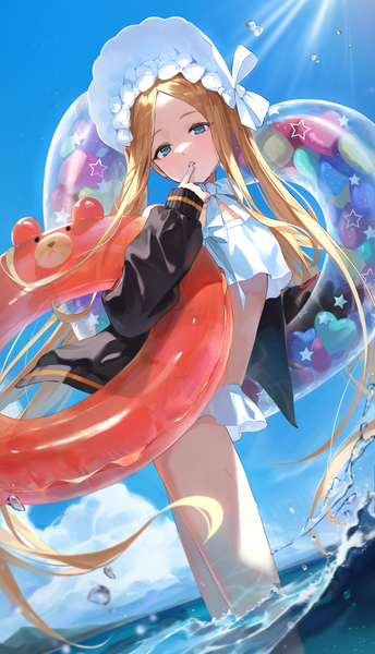 Anime picture 1495x2606 with fate (series) fate/grand order abigail williams (fate) abigail williams (swimsuit foreigner) (fate) aimitkkays single tall image blue eyes light erotic blonde hair twintails very long hair sunlight open jacket partially submerged finger to mouth girl swimsuit hat bikini