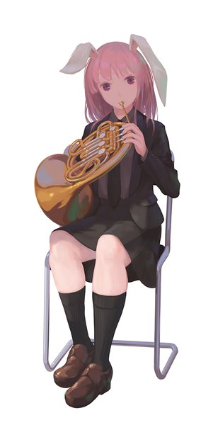 Anime picture 600x1194 with touhou reisen udongein inaba jq single long hair tall image looking at viewer simple background red eyes white background sitting holding animal ears pink hair full body long sleeves open clothes bunny ears alternate costume playing instrument