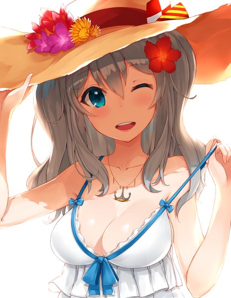 Anime picture 1240x1600 with kantai collection kashima training cruiser mhong single long hair tall image blush breasts open mouth blue eyes light erotic cleavage one eye closed grey hair wink girl flower (flowers) hat sundress