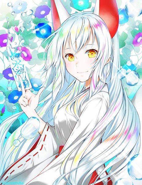 Anime picture 864x1120 with kemono friends oinari-sama (kemono friends) nemuko ofuton single long hair tall image looking at viewer blush animal ears yellow eyes upper body white hair traditional clothes japanese clothes wide sleeves fox ears fox girl miko girl flower (flowers)
