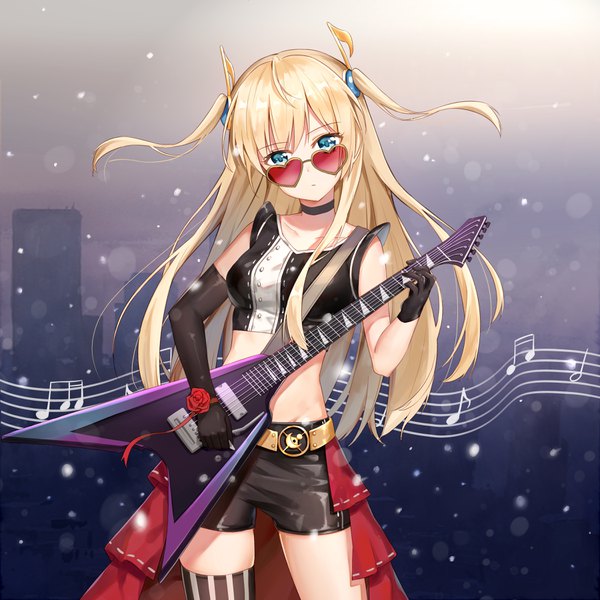 Anime picture 3600x3600 with original yuhuan single long hair looking at viewer highres blue eyes blonde hair standing holding absurdres head tilt midriff two side up sleeveless playing instrument girl thighhighs gloves choker