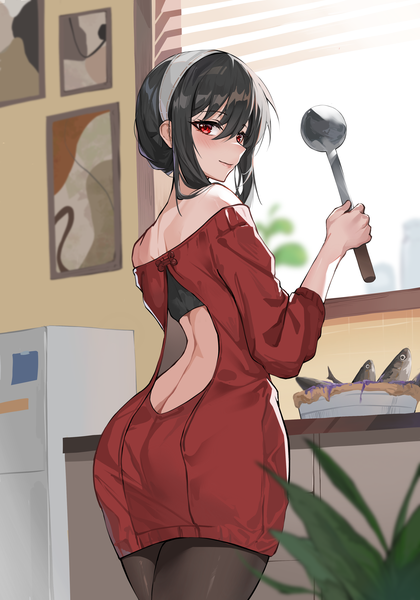Anime picture 2621x3748 with spy x family yor briar paradox single tall image looking at viewer blush fringe highres short hair light erotic black hair smile hair between eyes red eyes standing holding indoors long sleeves looking back