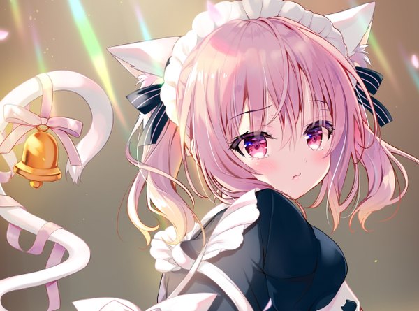 Anime picture 1248x927 with original shiwasu horio single looking at viewer blush fringe short hair hair between eyes twintails animal ears payot pink hair upper body tail animal tail pink eyes looking back cat ears maid cat girl