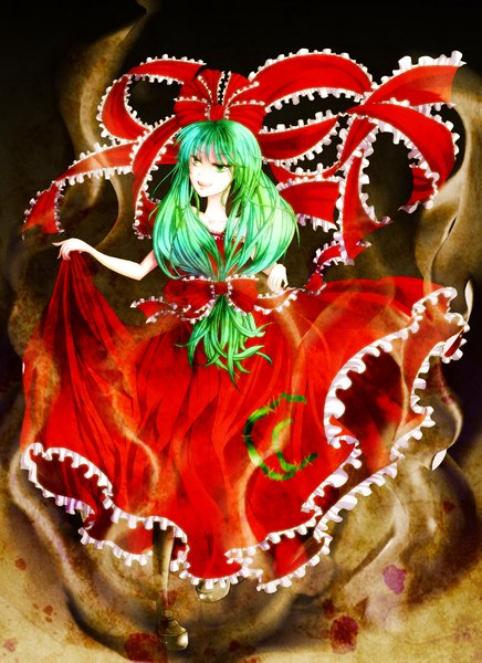 Anime picture 1135x1560 with touhou kagiyama hina asayoshi (artist) single long hair tall image green eyes green hair girl dress bow hair bow red dress