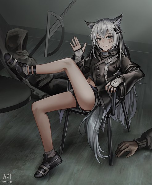 Anime picture 1000x1215 with arknights lappland (arknights) ark john up long hair tall image looking at viewer fringe smile hair between eyes sitting signed animal ears silver hair full body indoors tail long sleeves animal tail grey eyes grin