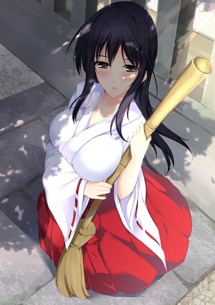 Anime picture 815x1154 with lovely x cation 2 hibiki works izumi wakoto minamon (vittel221) single long hair tall image looking at viewer blush open mouth black hair brown eyes traditional clothes japanese clothes miko girl broom
