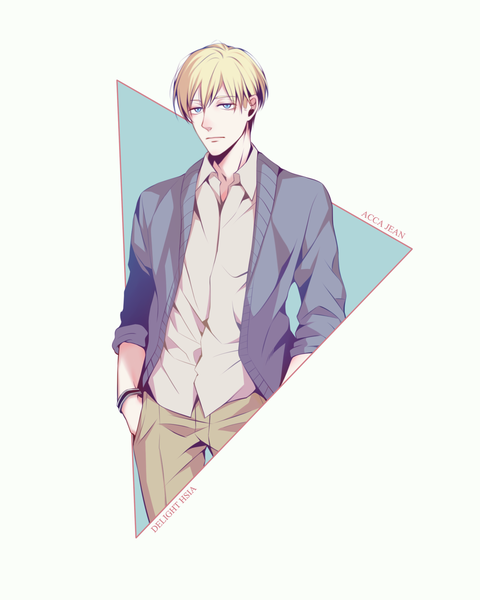 Anime picture 1600x2000 with acca 13-ku kansatsu-ka madhouse jean otus delight hsia single tall image looking at viewer fringe short hair blue eyes simple background hair between eyes white background signed upper body inscription open jacket copyright name character names open collar