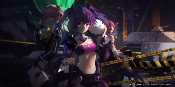 Anime picture 1701x850 with elsword closers aisha landar seulbi lee void princess (elsword) angkor (elsword) swd3e2 long hair looking at viewer highres blue eyes wide image purple eyes twintails multiple girls pink hair purple hair red hair dark background girl