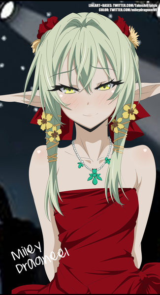 Anime picture 2926x5393 with goblin slayer! high elf archer (goblin slayer!) miley dragneel single tall image looking at viewer blush fringe highres short hair hair between eyes bare shoulders signed yellow eyes payot upper body hair flower green hair light smile pointy ears