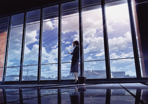 Anime picture 1345x951 with original mocha (cotton) single short hair black hair standing looking away sky cloud (clouds) full body ponytail indoors sunlight high heels reflection sunbeam scenic girl skirt shoes