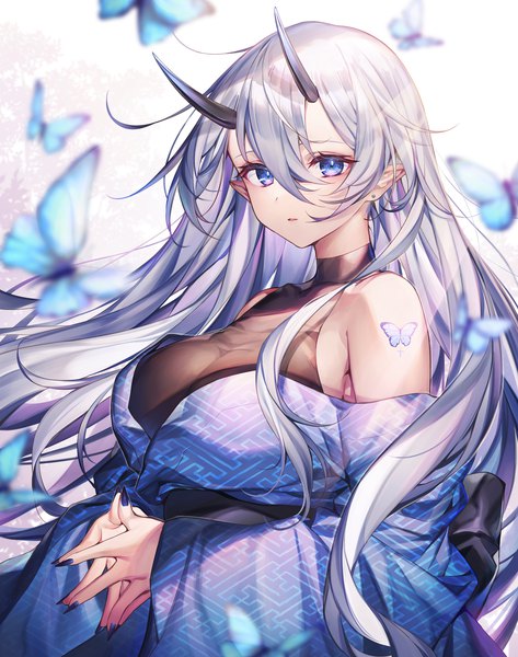 Anime picture 1299x1648 with original komeshiro kasu single long hair tall image looking at viewer fringe breasts blue eyes light erotic hair between eyes large breasts standing bare shoulders upper body nail polish traditional clothes japanese clothes horn (horns) fingernails