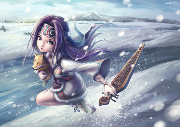 Anime picture 842x595 with original simi single long hair blue eyes holding purple hair bent knee (knees) eyes closed sunlight snowing winter snow mountain jumping river girl ribbon (ribbons) animal water