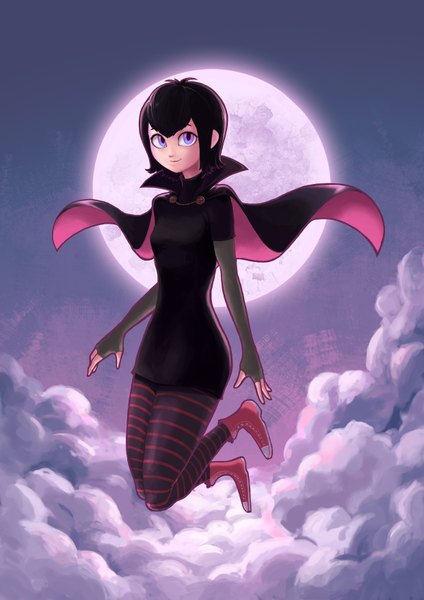 Anime picture 1240x1754 with hotel transylvania mavis dracula oopartz (grooooovy) single tall image short hair black hair smile heterochromia flying vampire girl pantyhose shoes cloak full moon striped pantyhose