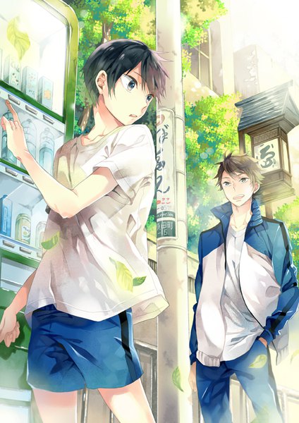 Anime picture 591x835 with haikyuu!! production i.g kageyama tobio ooikawa tooru hash (artist) tall image short hair open mouth black hair brown hair standing brown eyes outdoors looking back black eyes multiple boys hand in pocket talking boy shorts