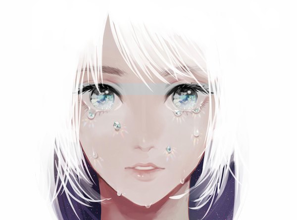 Аниме картинка 1000x742 с оригинальное изображение tsuyu (gunjooo9) один (одна) длинные волосы смотрит на зрителя голубые глаза простой фон белый фон белые волосы полуоткрытый рот слёзы крупный план лицо девушка