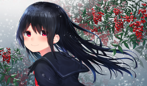 Anime picture 2042x1204 with original neku (neku draw) single long hair looking at viewer blush fringe highres black hair smile hair between eyes red eyes wide image payot upper body outdoors wind tears snowing crying