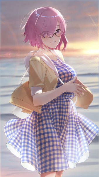 Anime picture 640x1136 with fate (series) fate/grand order mash kyrielight hayashi kewi single tall image looking at viewer fringe short hair breasts smile large breasts purple eyes pink hair outdoors hair over one eye alternate costume beach grin evening