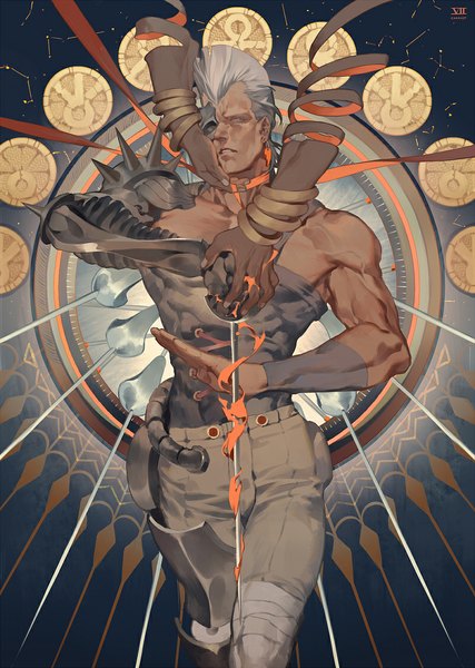 Anime picture 800x1123 with jojo no kimyou na bouken jean pierre polnareff mohammed avdol silver chariot coralstone tall image looking at viewer short hair blue eyes silver hair dark skin muscle hand on cheek stand (jojo) boy weapon earrings bracelet armor bandage (bandages)