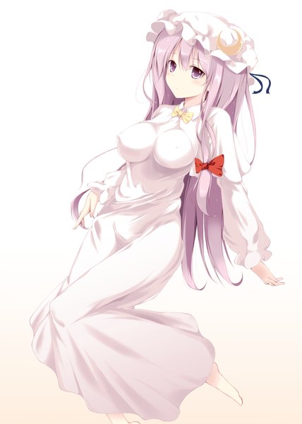 Anime picture 1800x2520 with touhou patchouli knowledge fal maro single long hair tall image highres light erotic simple background white background purple eyes purple hair girl dress bonnet