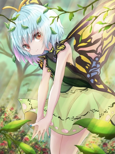 Anime picture 1152x1536 with touhou eternity larva kayon (touzoku) single tall image looking at viewer short hair smile red eyes blue hair outdoors nail polish insect wings butterfly wings fingers together aqua nail polish antennae girl dress wings