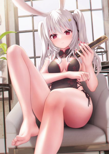 Anime picture 2894x4093 with tsumi no hahen (debris) line (bae.c) bae.c single long hair tall image looking at viewer blush fringe highres breasts light erotic hair between eyes red eyes sitting holding animal ears bent knee (knees) white hair indoors