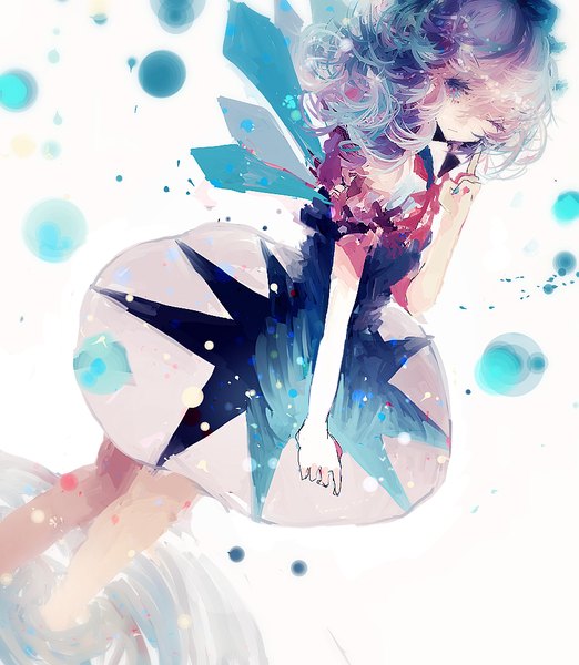 Anime picture 870x1000 with touhou cirno liyanshuo single tall image fringe short hair simple background standing white background one eye closed multicolored hair from above wink legs wavy hair multicolored eyes abstract girl dress