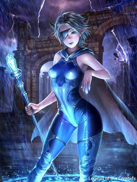 Anime picture 800x1067 with legend of the cryptids lie-on single tall image looking at viewer fringe short hair breasts blue eyes holding outdoors parted lips lips grey hair armpit (armpits) copyright name sleeveless magic rain arched back