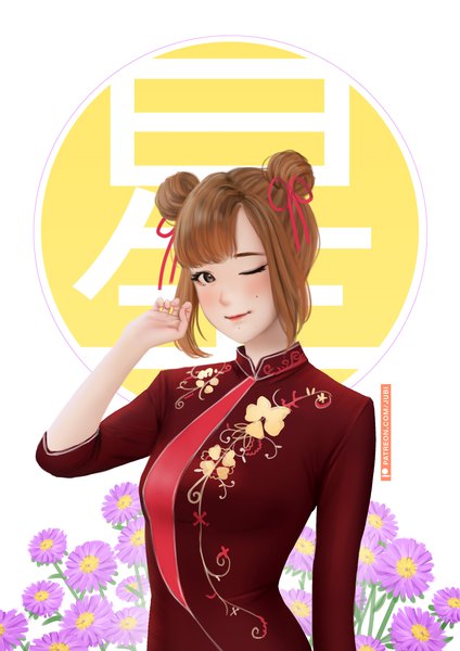 Anime picture 2480x3508 with real life metta coraima jubi (regiana) single tall image fringe highres short hair smile brown hair white background signed one eye closed arm up hair flower black eyes realistic mole short sleeves hair bun (hair buns)